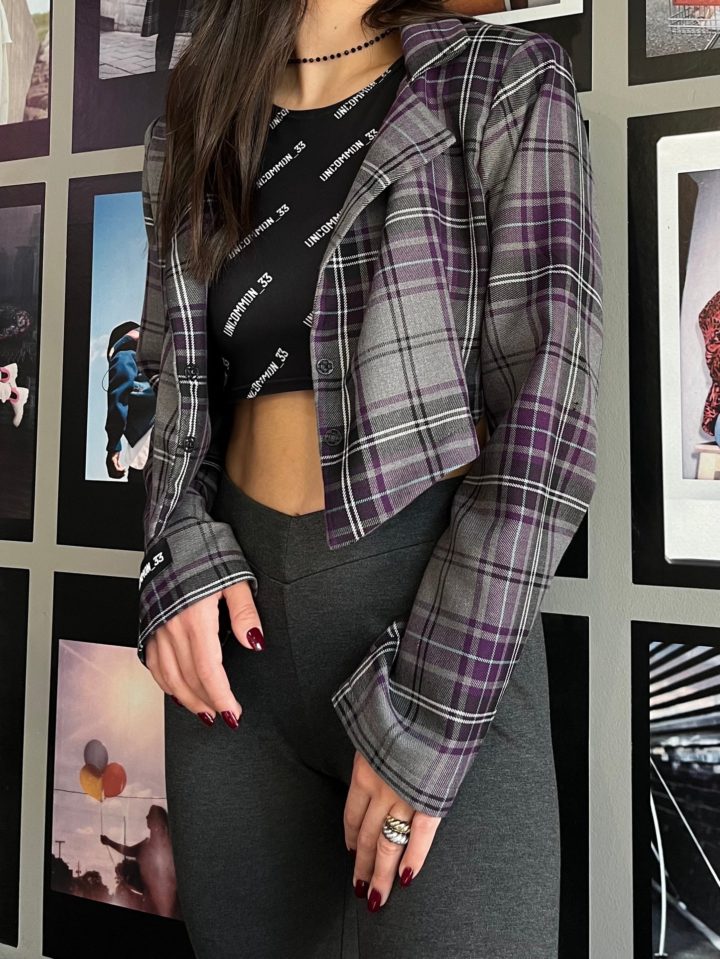 V shape tartan blazer top / Purple