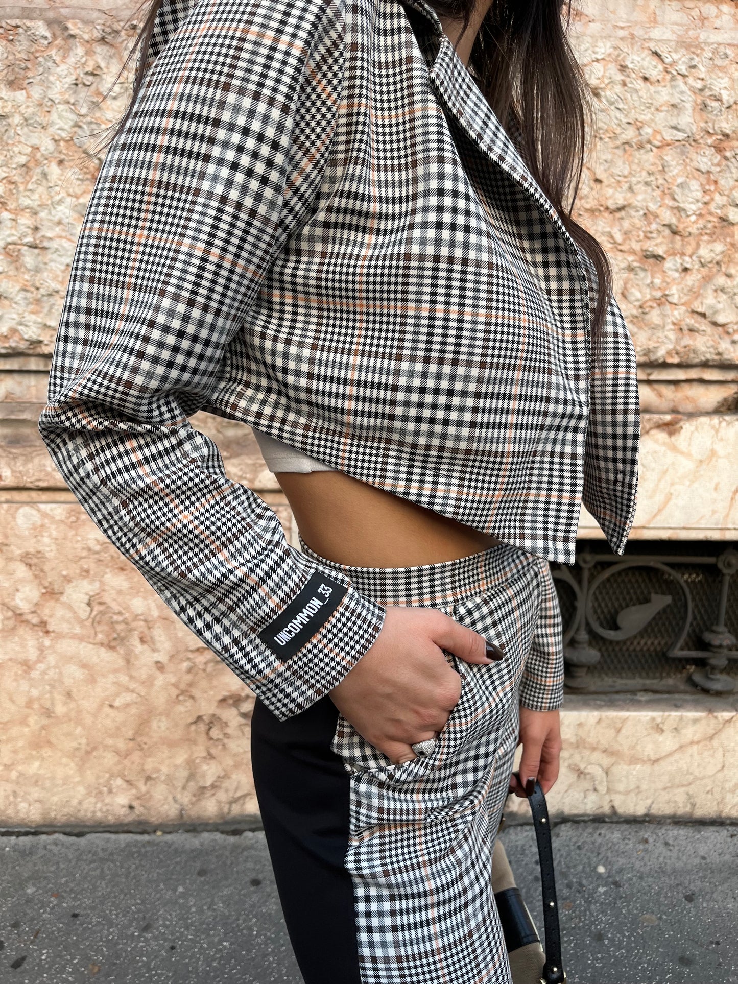 V shape tartan blazer top / Grey