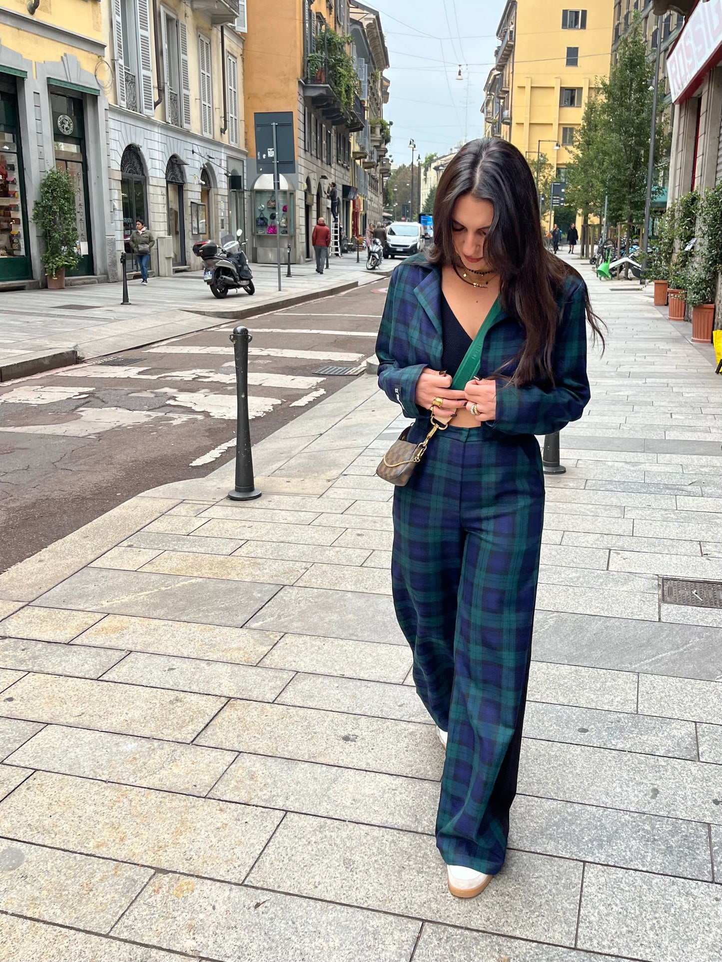 V shape tartan blazer top / Green