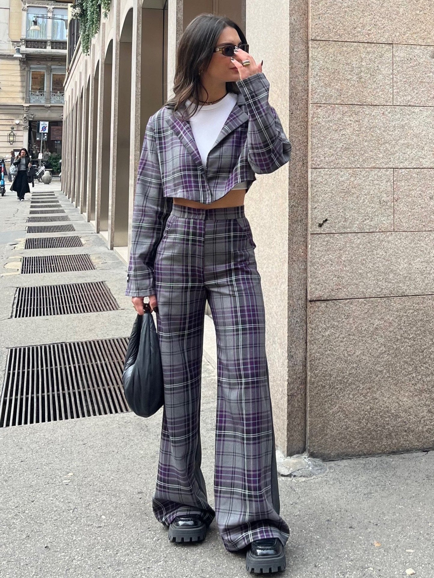 V shape tartan blazer top / Purple