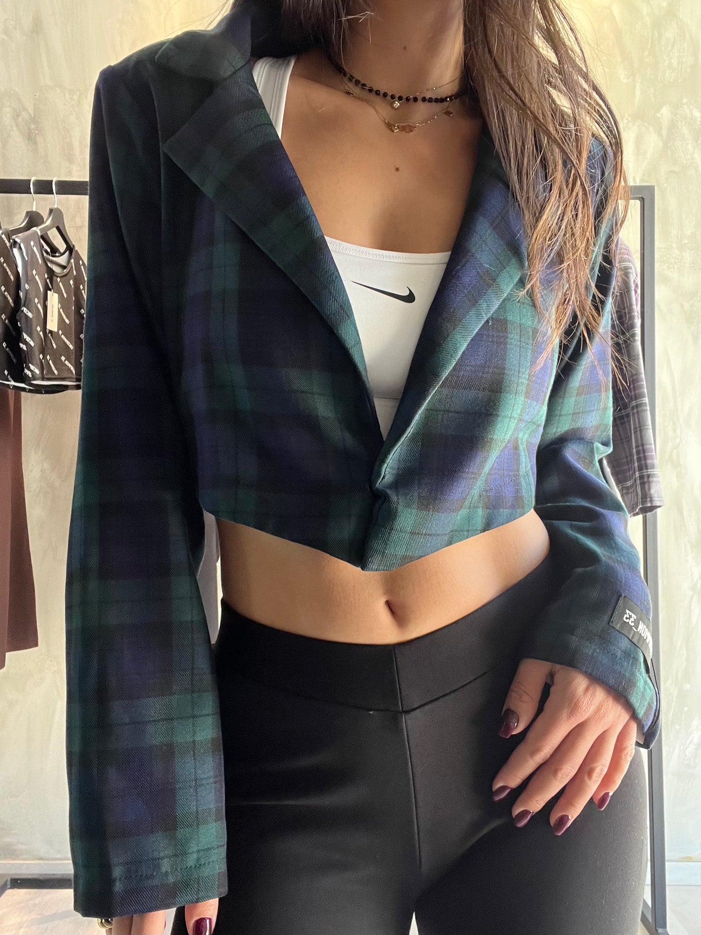 V shape tartan blazer top / Green